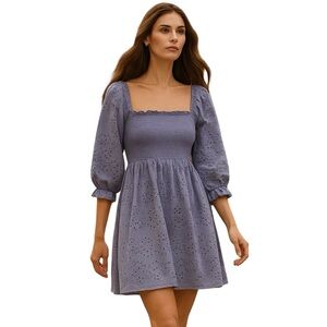 Rebellion Periwinkle Lace Puff Sleeve Mini Dress With Smocked Square Neckline